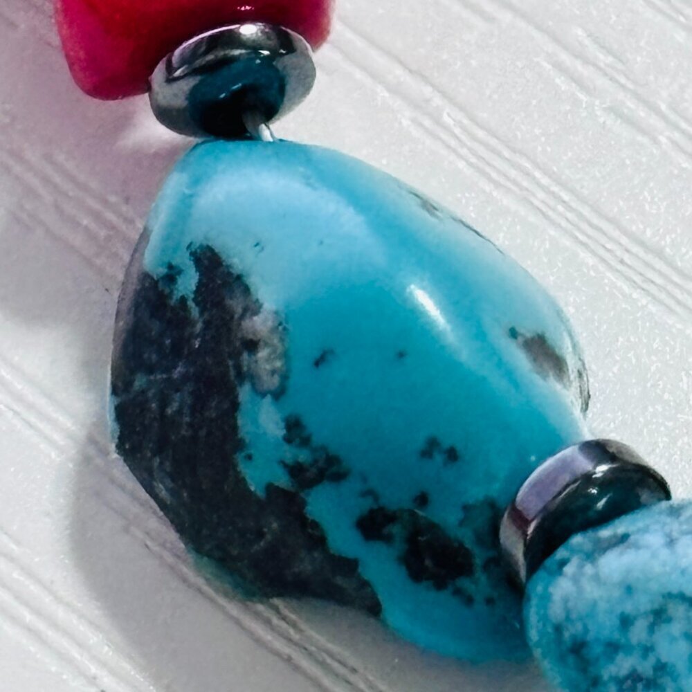 Turquoise Style & Coral Color Necklace 18” Chunky Southwestern Boho - Picture 9 of 11